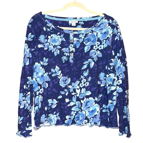 SUNDANCE Rosey Delights Henley Metallic Buttons Floral Top Blue Size Medium - Picture 1 of 14